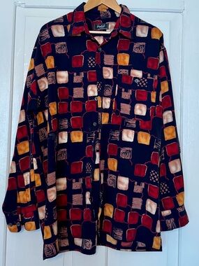 Y2K 1990’s Maximalist Navy Geometric Button-Down Shirt with Red & Gold Squares
